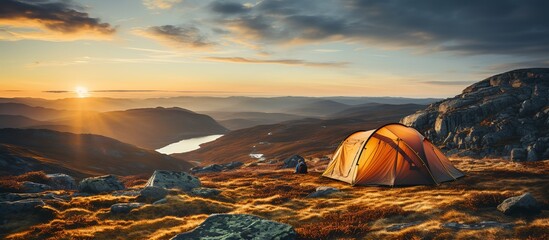 Camping on the glacier at sunset. - obrazy, fototapety, plakaty
