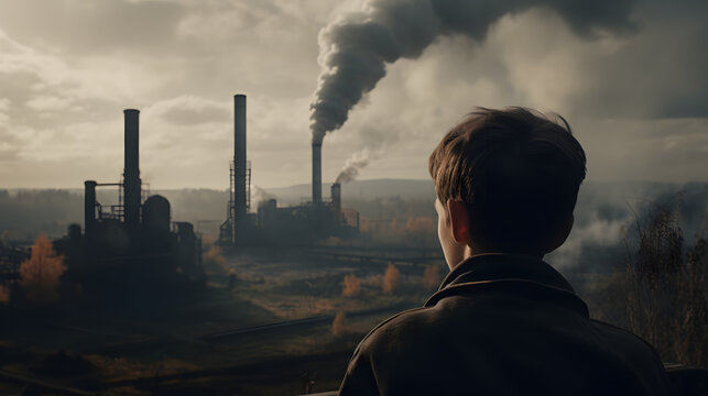 a person looks out across an open landscape and smoke rising from the chimneys