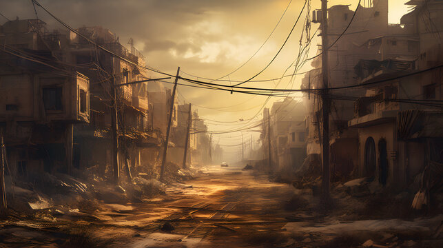 a picture of a deserted city with electrical wires and fencing
