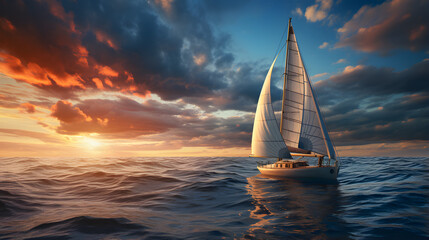 a sail boat is sailing over the surface of the ocean - obrazy, fototapety, plakaty