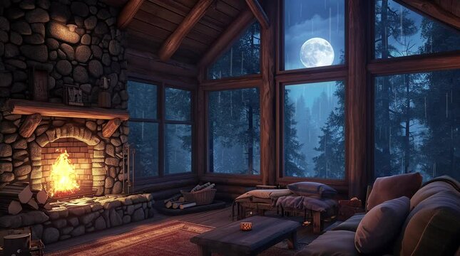 Cozy Cabin Retreat: Embrace the warmth of a cabin room with a crackling fireplace, while rain gently falls outside the wiSeamless looping 4k time-lapse virtual video animation background. Generated AI