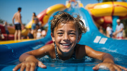 Niño riendo divirtiéndose en un tobogán de un parque acuático de vacaciones