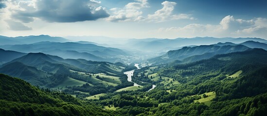 Panoramic view of mountains and river in the valley - obrazy, fototapety, plakaty