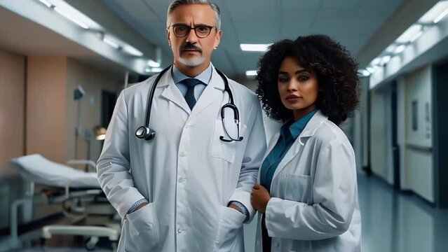 doctor man and woman in white coats against the background of a hospital atmosphere. The concept of health, medical care and professionalism