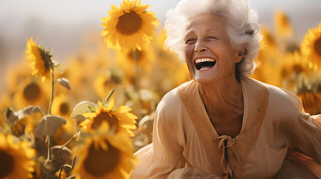 a smiling elder woman laughing while being among sunflowers