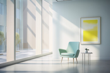 Fototapeta premium Blue armchair and yellow painting in a bright interior space with large windows, 3D rendering, interior design, minimalist, sunlight