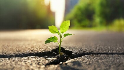 Small green plant growing out of crack in asphalt road. Environmental problems, urbanization, hope and new beginnings  - obrazy, fototapety, plakaty