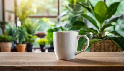 White blank coffee mug on the top of wooden table and blurred interior with potted green plant background. Blank coffee cup mug mockup template