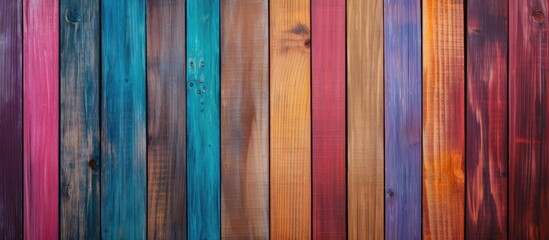 Close up view of a vibrant and multicolored wooden wall, set against a dark black background - obrazy, fototapety, plakaty