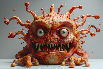 A 3D cartoon render of a virus monster attacking a computer screen.
