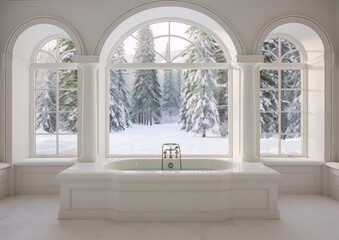 Elegant bathroom with large arched windows overlooking a snowy forest. - obrazy, fototapety, plakaty