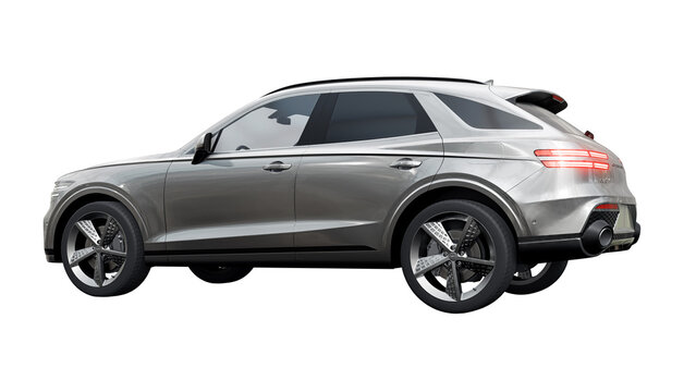 Miami. USA. March 16, 2024. Genesis GV70 2022. Premium gray metallic Korean SUV car on white background. 3d illustration.