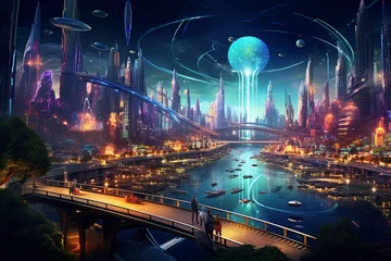 Deurstickers Futuristic City at Night With a Modern Bridge © Constantine M