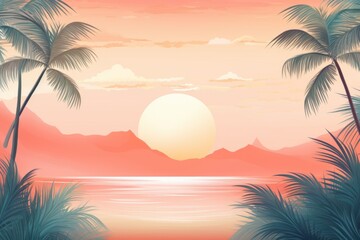 Fototapeta na wymiar Painting of a Sunset With Palm Trees