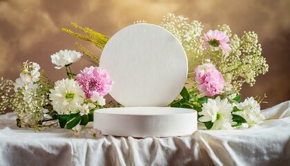 Empty round platform podium for cosmetic products advertising surrounded surreal fantasy pastel spring summer flowers and white fabric on bej background