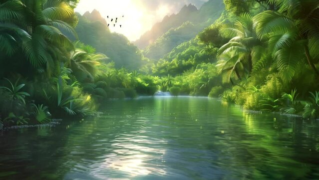 Lush tropical rainforest with clear flowing rivers. Seamless looping 4k time lapse animated video background