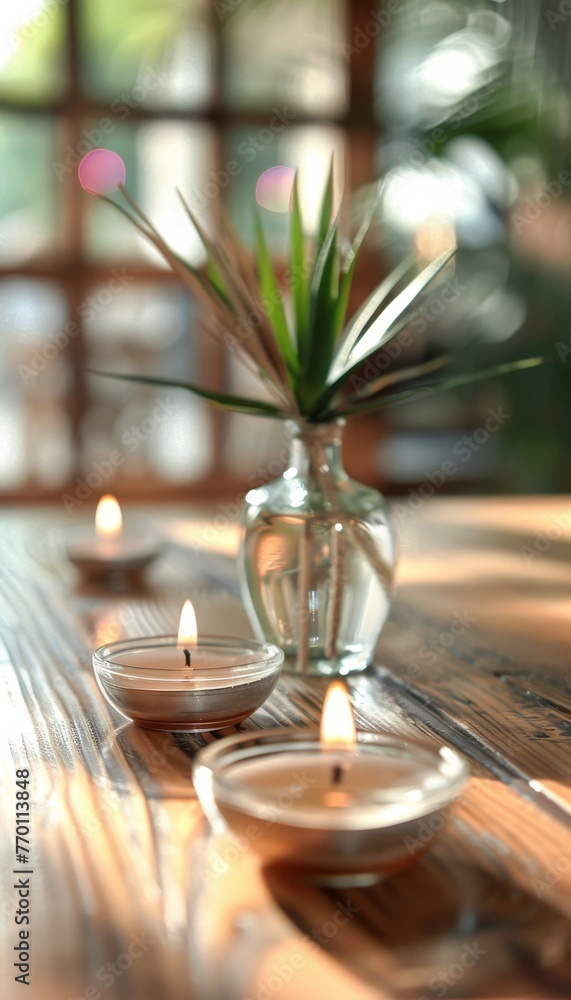 Poster tranquil spa setting with candles and reed diffuser on table, perfect for relaxation