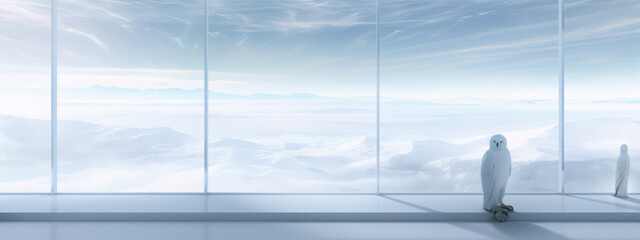 Minimalistic render of a snowy mountain landscape with a large window and a white owl sitting on a ledge in front of it