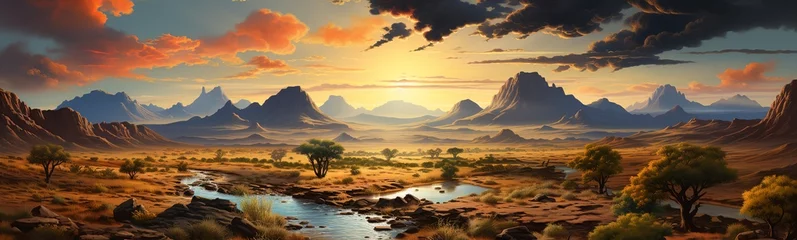 Foto op Canvas panoramic view of mountain range under colorful blue and orange sundown in evening time © KRIS