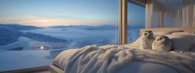 Snowy mountain landscape with a view of the snowy valley from the bedroom's window
