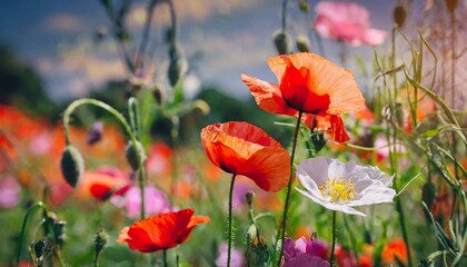 Firefly summer meadow with red poppies 