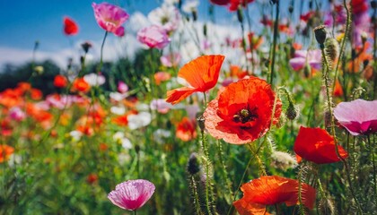 Obraz premium Firefly summer meadow with red poppies