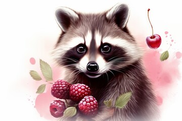 Fototapeta na wymiar Painting of a Raccoon With Raspberries