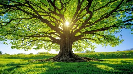 Majestic green oak tree bathed in sunlight on a picturesque meadow under a clear blue sky