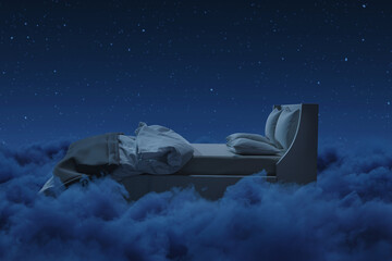 3d rendering of cozy bed over fluffy clouds at night