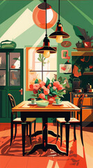 Fototapeta na wymiar Retro kitchen interior with a table, chairs, flowers and a stove in flat colors with a minimalist style