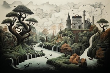 A Painting of a Castle in the Middle of a Forest - obrazy, fototapety, plakaty