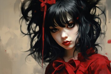 Naklejka premium Painting of a Girl With Black Hair and a Red Bow