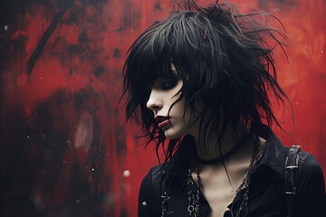 Emo girl With Black Hair and Piercings in Front of Red Wall - obrazy, fototapety, plakaty