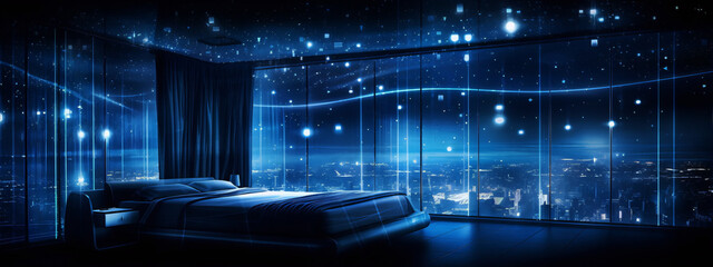 Futuristic bedroom interior with a large window, dark blue walls and a starry night sky