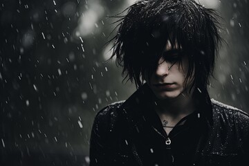 Emo boy Man With Black Hair Standing in the Rain - obrazy, fototapety, plakaty