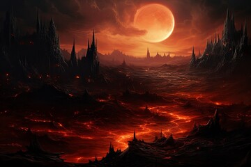 Painting of a Red Moon Over a Dark Landscape - obrazy, fototapety, plakaty