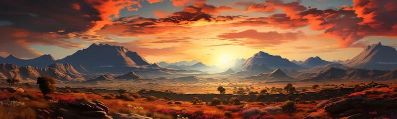Schilderijen op glas panoramic view of mountain range under colorful blue and orange sundown in evening time © KRIS