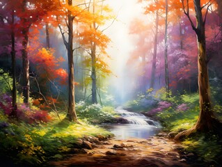Autumn forest with river and fog, panoramic view.