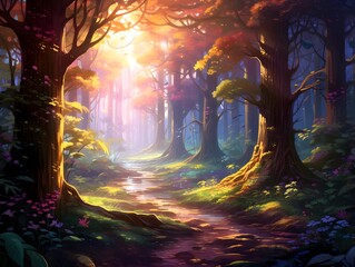 Fantasy forest with a path in the light of the rising sun