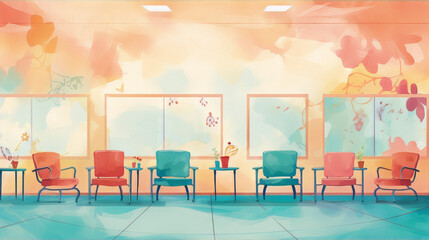 Chairs in a waiting room with a pink and blue color scheme, painted in a watercolor style.