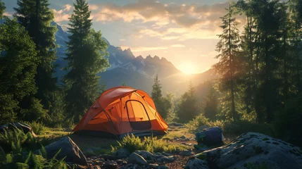 Foto op Plexiglas Camping tent, tourist camp in the forest. Outdoor adventure and summer concept, nature landscape © Vladimir
