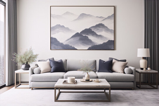 Blue and gray living room with a mountain painting, gray sofa, marble table, plants, and white lamp.