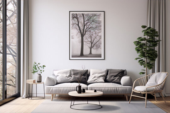 Minimalist living room interior with large windows, white walls, gray sofa, wooden coffee table, green plant, and black picture of trees in the fog