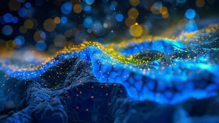 A section of tissue glowing under blue and yellow fluorescence highlighting the distribution of various proteins and molecules throughout - obrazy, fototapety, plakaty