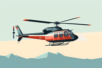 Fototapeta premium Red and Black Helicopter Flying Over Mountain Range