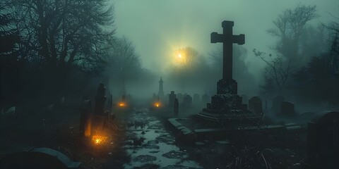 Creepy Cemetery Scene at Night with Fog and Eerie Lighting Ideal for Halloween. Concept Halloween Photoshoot, Spooky Setting, Nighttime Atmosphere, Foggy Ambiance, Eerie Lighting - obrazy, fototapety, plakaty