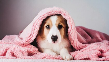 Dog under warm plaid at home. Cute puppy warms under pink blanket in cold autumn winter day