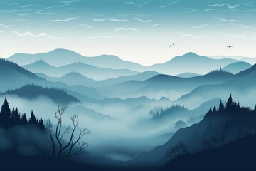 A Painting of a Foggy Mountain Landscape