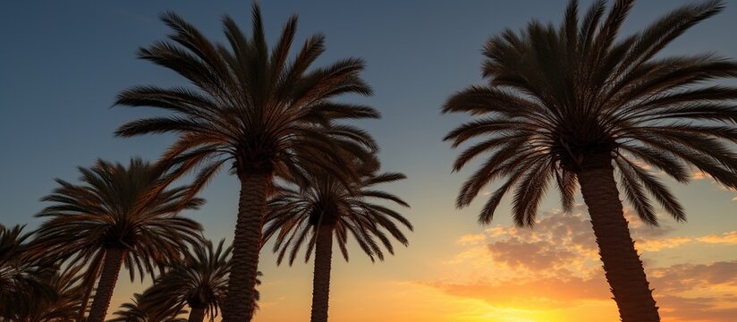 Palm trees silhouettes at sunset on the beach