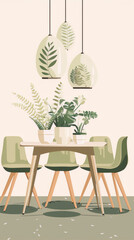 Stylish interior with a wooden table, chairs and various plants in pots and glass vases hanging above the table.